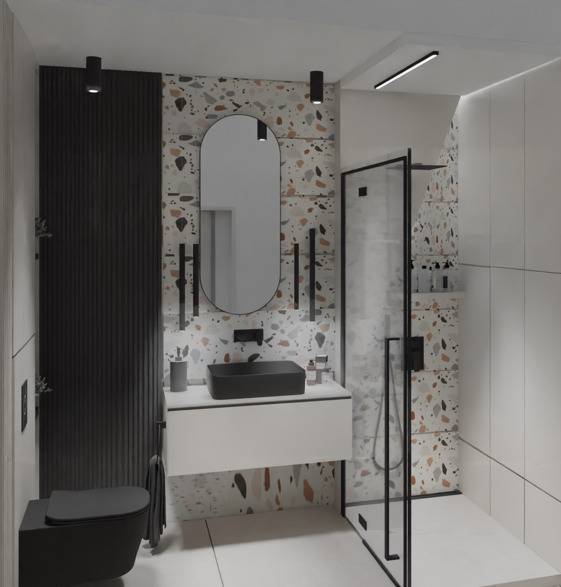 Nowoczesna łazienka z czarną armaturą, umywalką nablatową i kabiną prysznicową typu walk-in, ściana wykończona płytkami imitującymi lastryko, minimalistyczne oświetlenie.