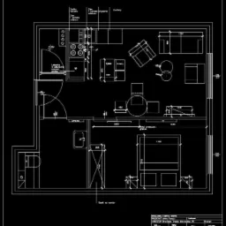 Rzut poziomy mieszkania z wymiarami, uwzględniający układ mebli i wyposażenia kuchni, łazienki oraz salonu z sypialnią.