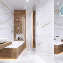 Nowoczesna łazienka z marmurowymi płytkami, drewnianą zabudową wanny i umywalki, oraz okrągłym lustrem w stylu bulaja.