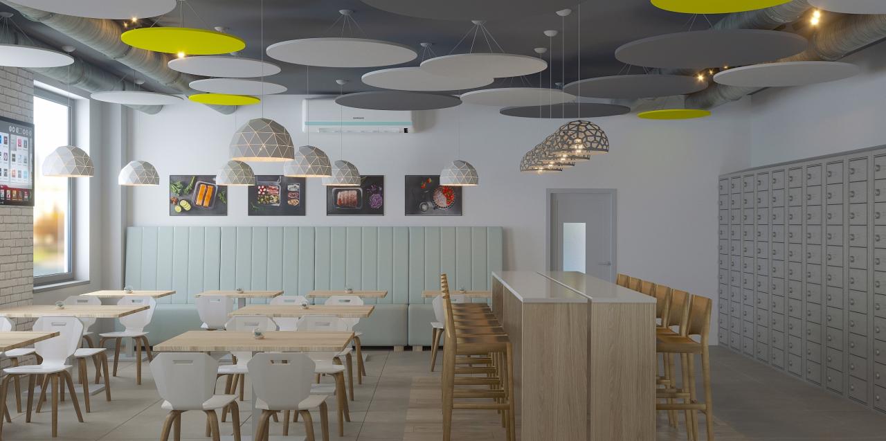 Nowoczesna jadalnia biurowa z jasnymi drewnianymi stołami, białymi krzesłami, wysokim blatem barowym z drewnianymi stołkami, miękkimi panelami ściennymi w kolorze miętowym, dekoracyjnymi lampami...