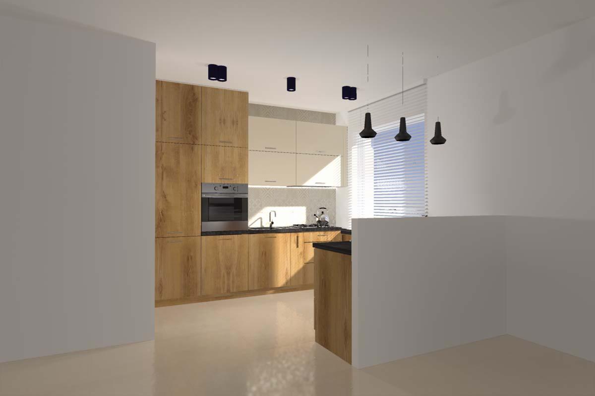 Projekt wnętrza kuchni w drewnie, Bydgoszcz