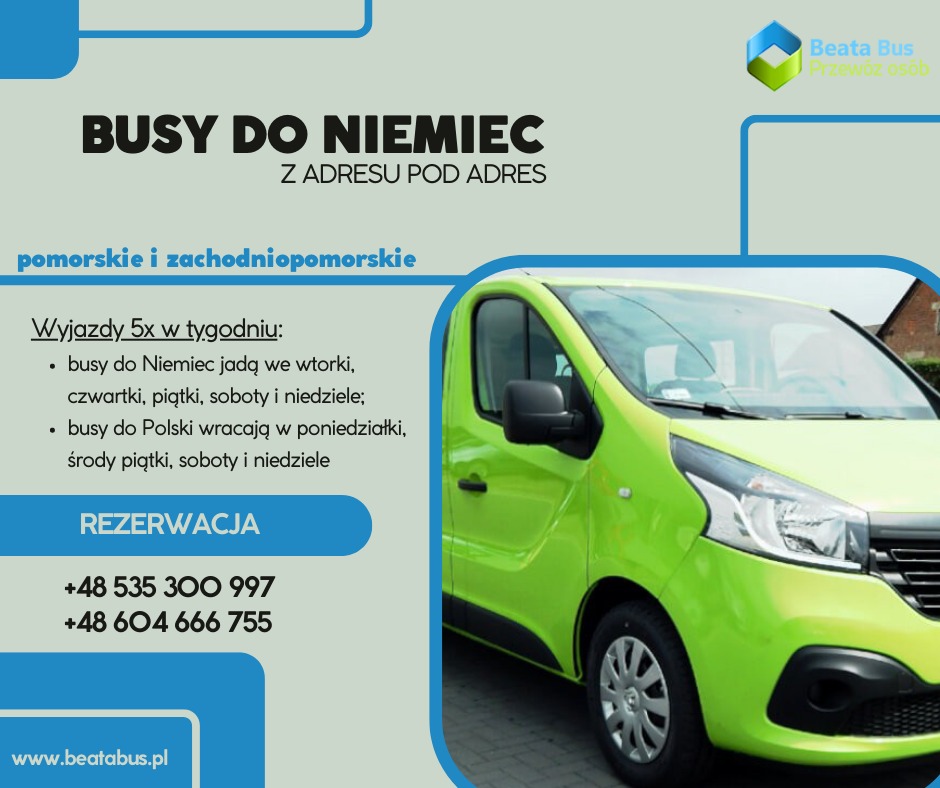 Reklama firmy transportowej Beata Bus oferującej busy do Niemiec, z zielonym busem na pierwszym planie i informacjami o wyjazdach i rezerwacji.