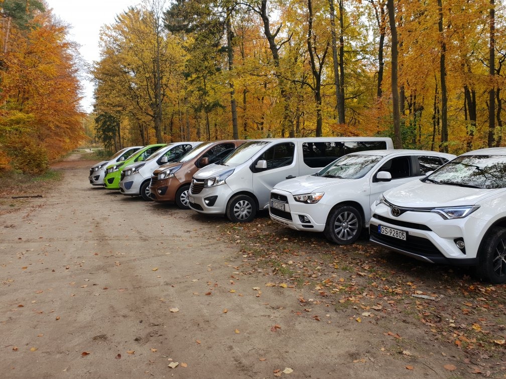 Siedem samochodów osobowych (w tym jeden bus) różnych marek ustawionych w rzędzie na leśnym parkingu w jesiennej scenerii. Widoczne tablice rejestracyjne.