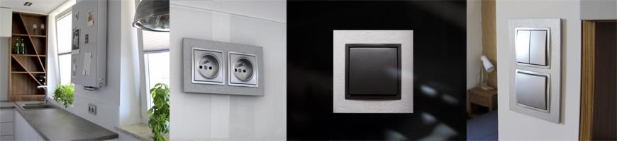 Seria gniazdek elektrycznych i włączników światła w nowoczesnych, kwadratowych ramkach o metalicznym wykończeniu, zamontowanych w różnych pomieszczeniach.