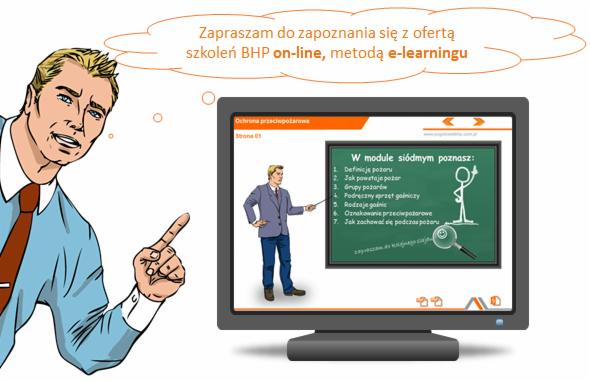 Ilustracja szkolenia BHP online: rysunkowa postać wskazuje na monitor z prezentacją o ochronie przeciwpożarowej i e-learningu. Zaproszenie do zapoznania z ofertą.