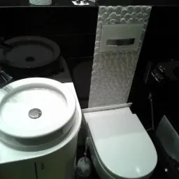 Nowoczesna łazienka z czarnymi płytkami, białą ceramiką sanitarną i panelem spłukującym z motywem kamyków.