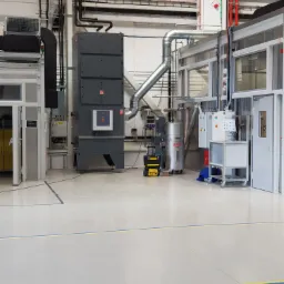 Wnętrze hali produkcyjnej z zainstalowanym systemem filtracji powietrza, widoczny duży filtr przemysłowy, rurociągi wentylacyjne i stanowisko sterowania.