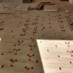 Układanie płytek podłogowych imitujących drewno, z użyciem klipsów i klinów poziomujących, na surowym podłożu w trakcie prac wykończeniowych w jasnym, pustym pomieszczeniu.