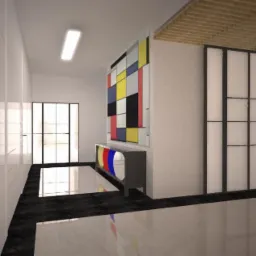 Wizualizacja wnętrza z białymi ścianami, geometrycznym obrazem w stylu Mondriana, przeszklonymi drzwiami przesuwnymi i imitacją starego telewizora z kolorowymi paskami.