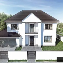 Wizualizacja dwukondygnacyjnej willi miejskiej z garażem, balkonem z metalową balustradą i ciemnobrązowym dachem, otoczonej zielenią, z widocznym fragmentem chodnika i ogrodzenia.