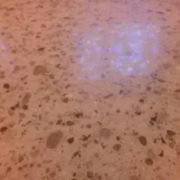 Szlifowana, beżowa powierzchnia podłogi z widocznymi, nieregularnymi, ciemnymi inkluzjami i delikatnym połyskiem, oświetlona punktowo niebieskawym światłem.