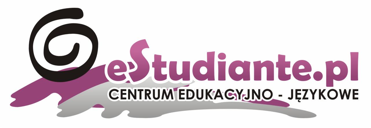 Logo e-studiante.pl: czarny symbol, fioletowy napis i szary element graficzny. Centrum edukacyjno-językowe.