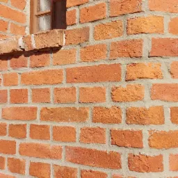 Fragment narożnej ściany budynku z czerwonej cegły z oknem o drewnianej ramie, widoczne nierówności i drobne uszkodzenia cegieł.