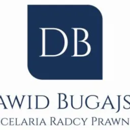 Logo Kancelarii Radcy Prawnego Dawid Bugajski z inicjałami DB na granatowym tle. Minimalistyczny design, elegancka typografia.