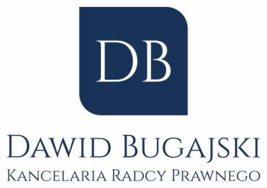 Logo Kancelarii Radcy Prawnego Dawid Bugajski z inicjałami DB na granatowym tle. Minimalistyczny design, elegancka typografia.