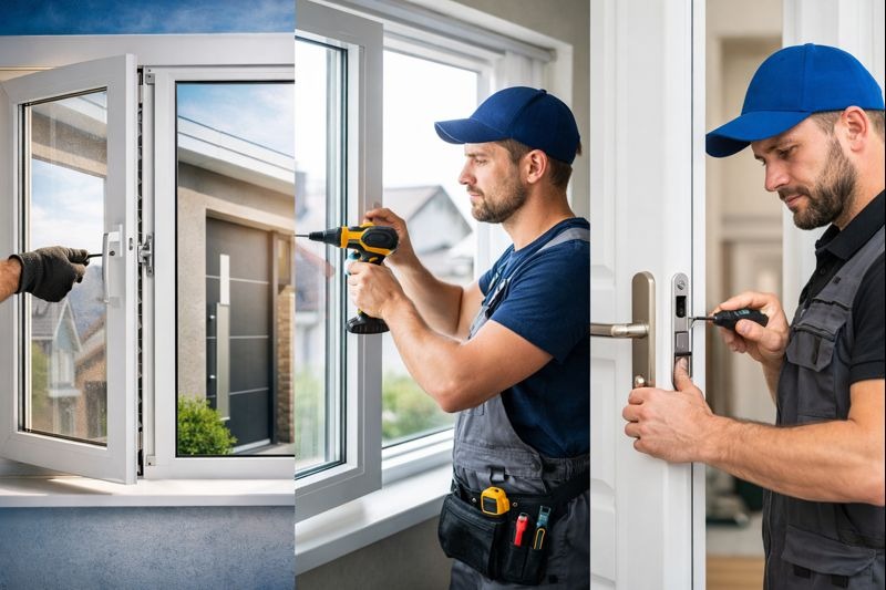 Montaż okna i drzwi: mężczyzna w uniformie używa wkrętarki i śrubokrętu. Okno otwarte, widok na dom. Drzwi białe z srebrną klamką. Usługi montażowe.