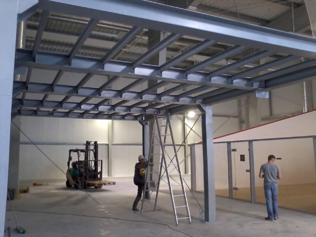 Wnętrze hali w trakcie budowy z widoczną stalową konstrukcją nośną stropu, pracownikiem na drabinie, wózkiem widłowym w tle i przeszklonym pomieszczeniem z boku.