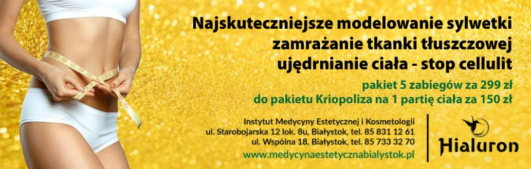 Modelowanie sylwetki: Kobieta mierzy talię centymetrem na złotym tle z ofertą pakietu zabiegów. Adres i logo Instytutu Medycyny Estetycznej w Białymstoku.