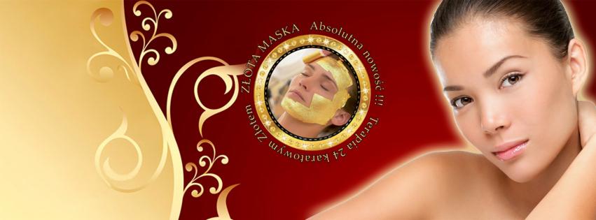 Grafika reklamowa: kobieta z maską ze złota 24-karatowego na twarzy, w tle złote ornamenty na czerwonym tle. Promocja zabiegu kosmetycznego.