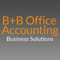 Logo firmy B+B Office Accounting z hasłem Business Solutions na szarym tle, pomarańczowe napisy.