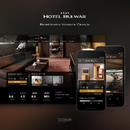 Responsywny projekt strony hotelu Bulwar na desktopie i smartfonach. Prezentacja funkcjonalności rezerwacji online i ofert specjalnych. Nowoczesny design, eleganckie wnętrza.