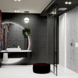 Nowoczesna łazienka z czarnymi płytkami, podświetlanym lustrem w kształcie łuku, wzorzystą tapetą i kabiną prysznicową typu walk-in z deszczownicą