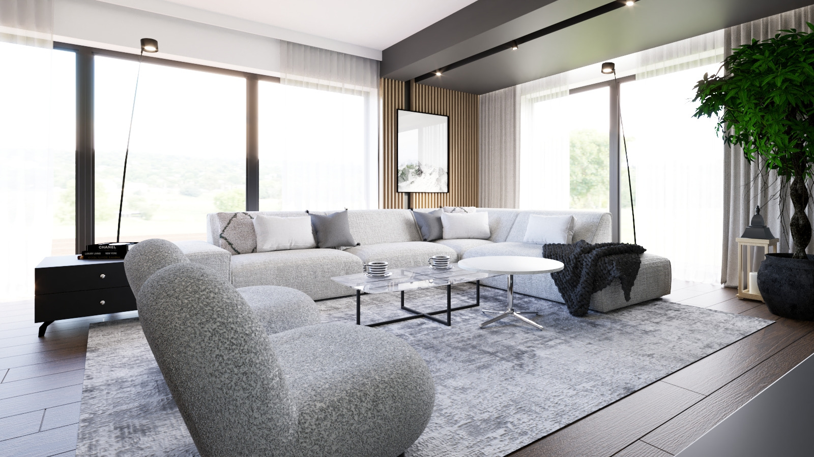 Nowoczesny salon z szarym narożnikiem, marmurowym stolikiem kawowym i fotelem typu boucle, oświetlony naturalnym światłem z dużych okien, z dekoracyjną ścianą z drewnianych lameli...