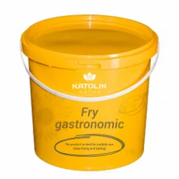 Żółte wiadro z olejem 'Fry gastronomic' marki Katolik Group, przeznaczone do smażenia i pieczenia, z grafiką słonecznika i oliwki, pojemność 10L.
