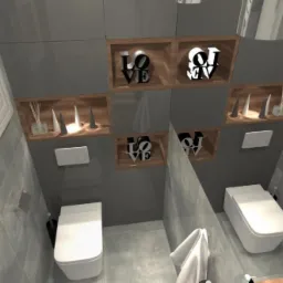 Wizualizacja dwóch nowoczesnych łazienek oddzielonych ścianką, z szarymi płytkami, wiszącymi toaletami i dekoracyjnymi półkami z napisem LOVE.