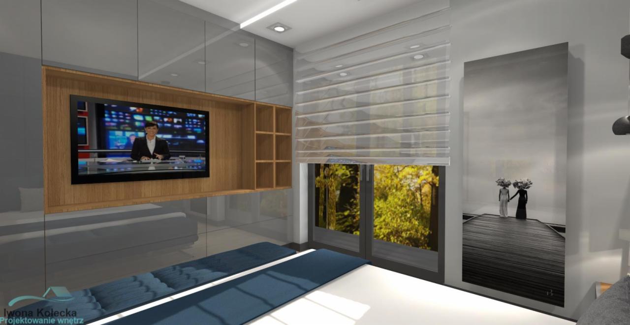 Wizualizacja sypialni z telewizorem w zabudowie drewnianej, roletami rzymskimi i obrazem w czerni i bieli.