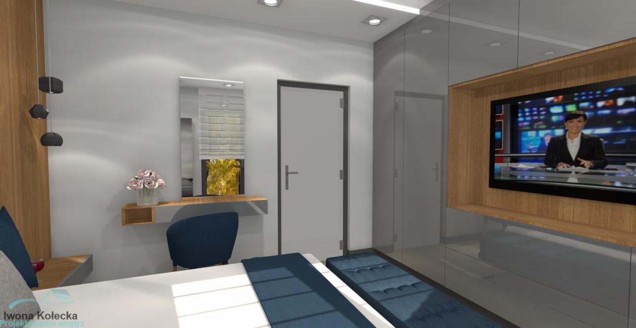 Wizualizacja sypialni w odcieniach szarości i drewna z akcentami błękitu, prezentująca toaletkę z lustrem, telewizor w drewnianej obudowie i minimalistyczne oświetlenie.