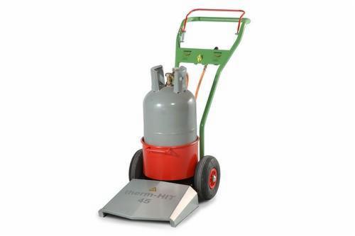 Wózek spawalniczy Therm-HIT 45 z butlą gazową na białym tle. Urządzenie do podgrzewania powierzchni, z czerwonym zbiornikiem i zieloną ramą.