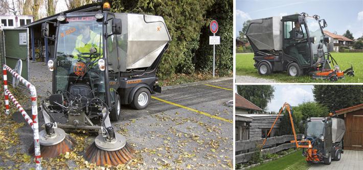 Czarno-srebrna zamiatarka Holder z obrotowymi szczotkami zbiera liście na parkingu. Dodatkowe ujęcia pokazują maszynę w akcji na trawniku i przy ogrodzeniu.