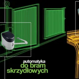 Ilustracja automatyki do bram: przesuwnych (niebieska), skrzydłowych (zielona) i garażowych (żółta). Logo AlKev w prawym górnym rogu. Grafika na czarnym tle.