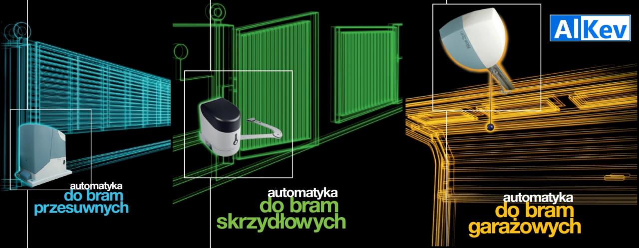 Ilustracja automatyki do bram: przesuwnych (niebieska), skrzydłowych (zielona) i garażowych (żółta). Logo AlKev w prawym górnym rogu. Grafika na czarnym tle.