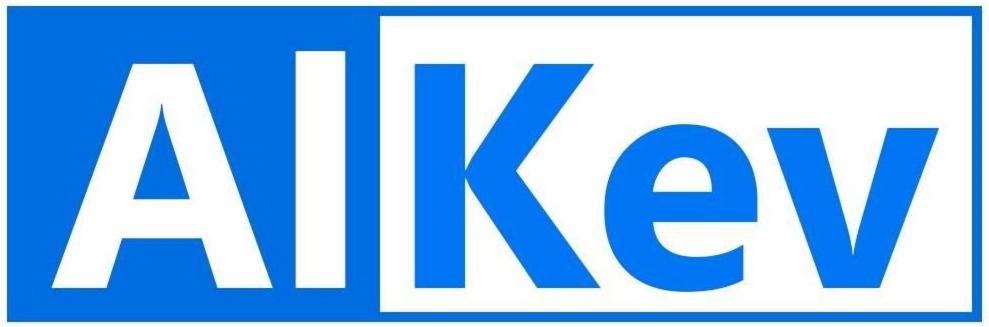Logo firmy AlKev w Bolszewie. Białe litery 'Al' na niebieskim tle, obok niebieskie litery 'Kev' na białym tle. Prosty, nowoczesny design.