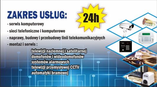 Grafika informująca o zakresie usług: serwis komputerowy, sieci telekomunikacyjne, alarmy, domofony, automatyka bramowa, telewizja naziemna i przemysłowa CCTV.
