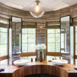 Elegancka łazienka w Końskowoli z dwoma owalnymi umywalkami na drewnianym blacie, marmurowe ściany, duże okna z widokiem na zieleń i okrągłe lustra.