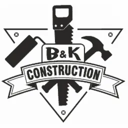 Czarno-białe logo firmy budowlanej B&K Construction z rysunkami piły, młotka i wałka malarskiego.