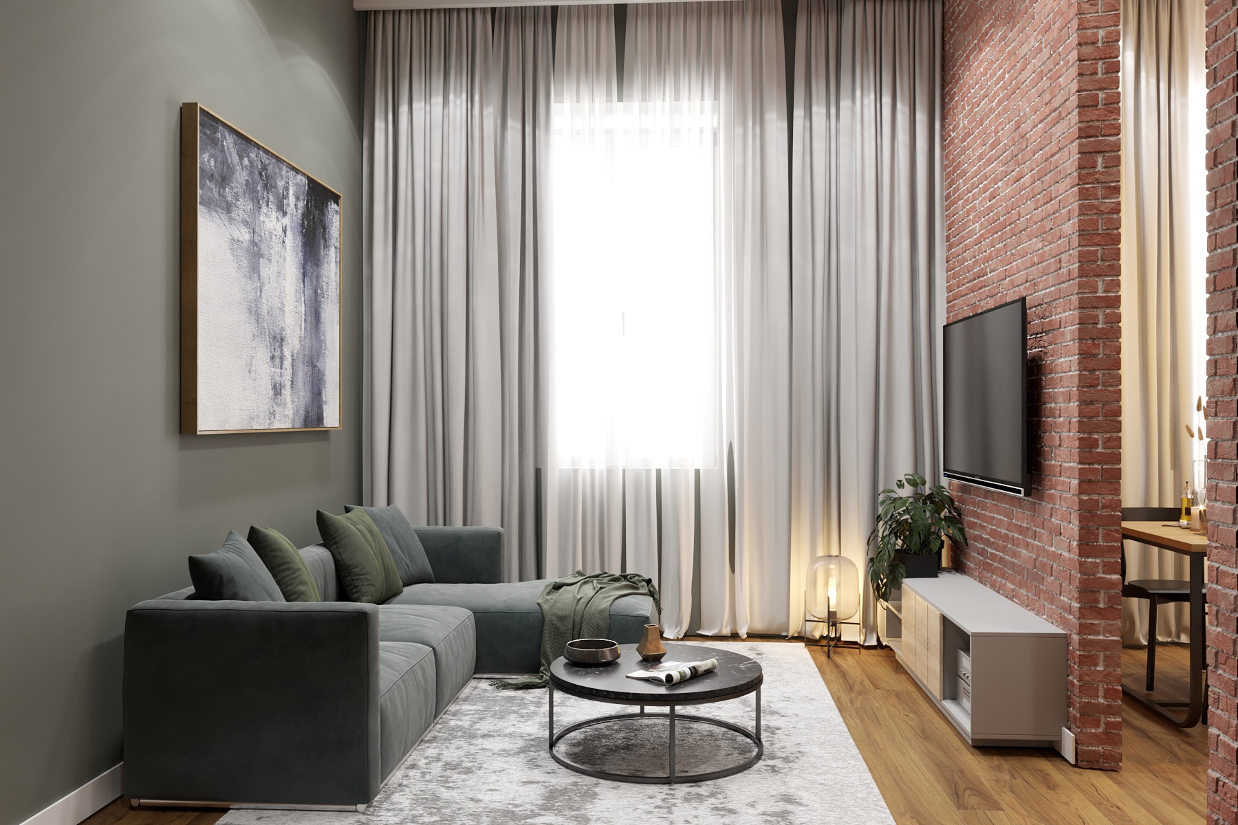 Salon z szarą sofą narożną, stolikiem kawowym z marmurowym blatem, telewizorem na ścianie z czerwonej cegły i abstrakcyjnym obrazem w złotej ramie.