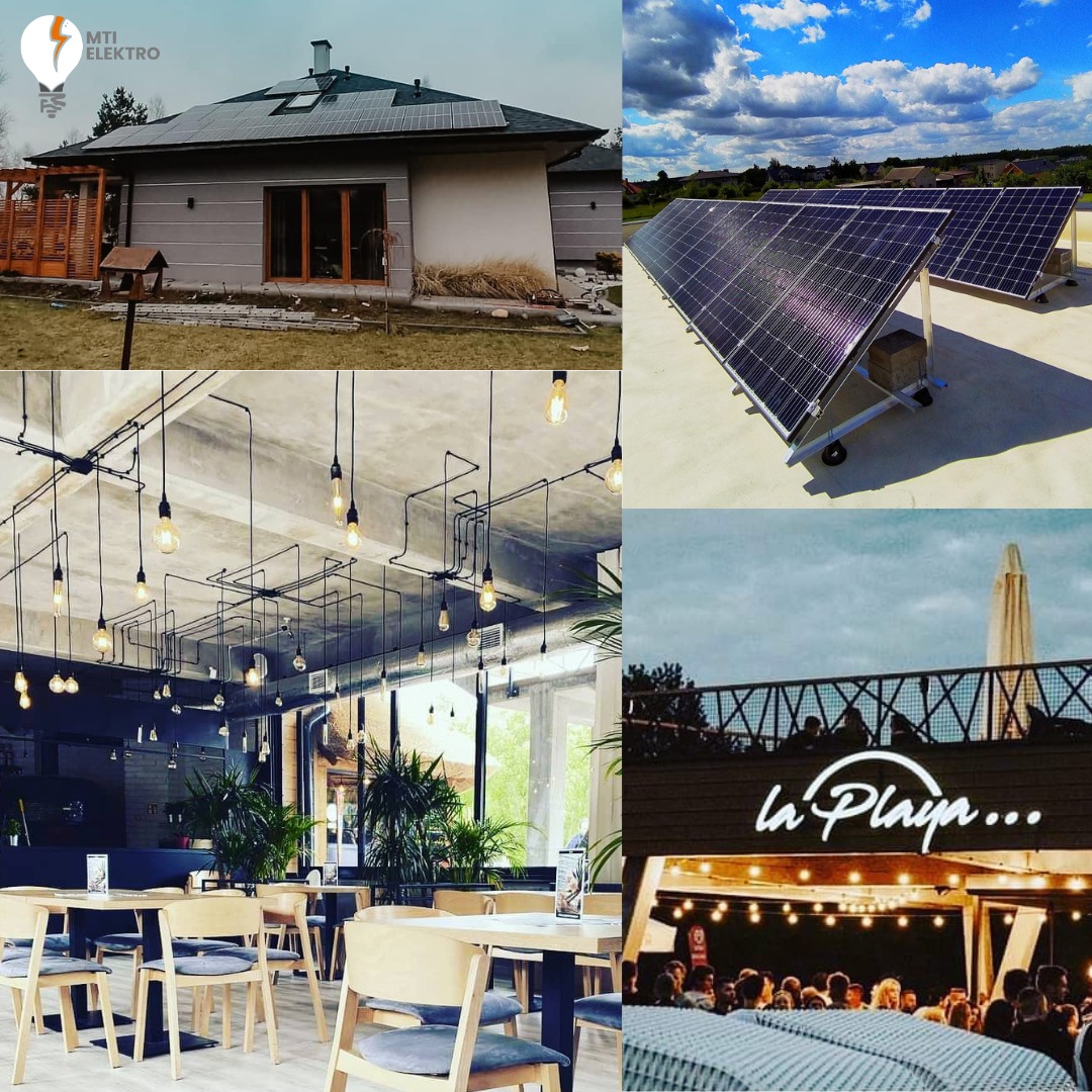 Kompozycja zdjęć: panele słoneczne na dachu domu i na płaskim dachu, oświetlenie w restauracji, oświetlenie zewnętrzne w La Playa. Różne projekty w jednym kadrze.