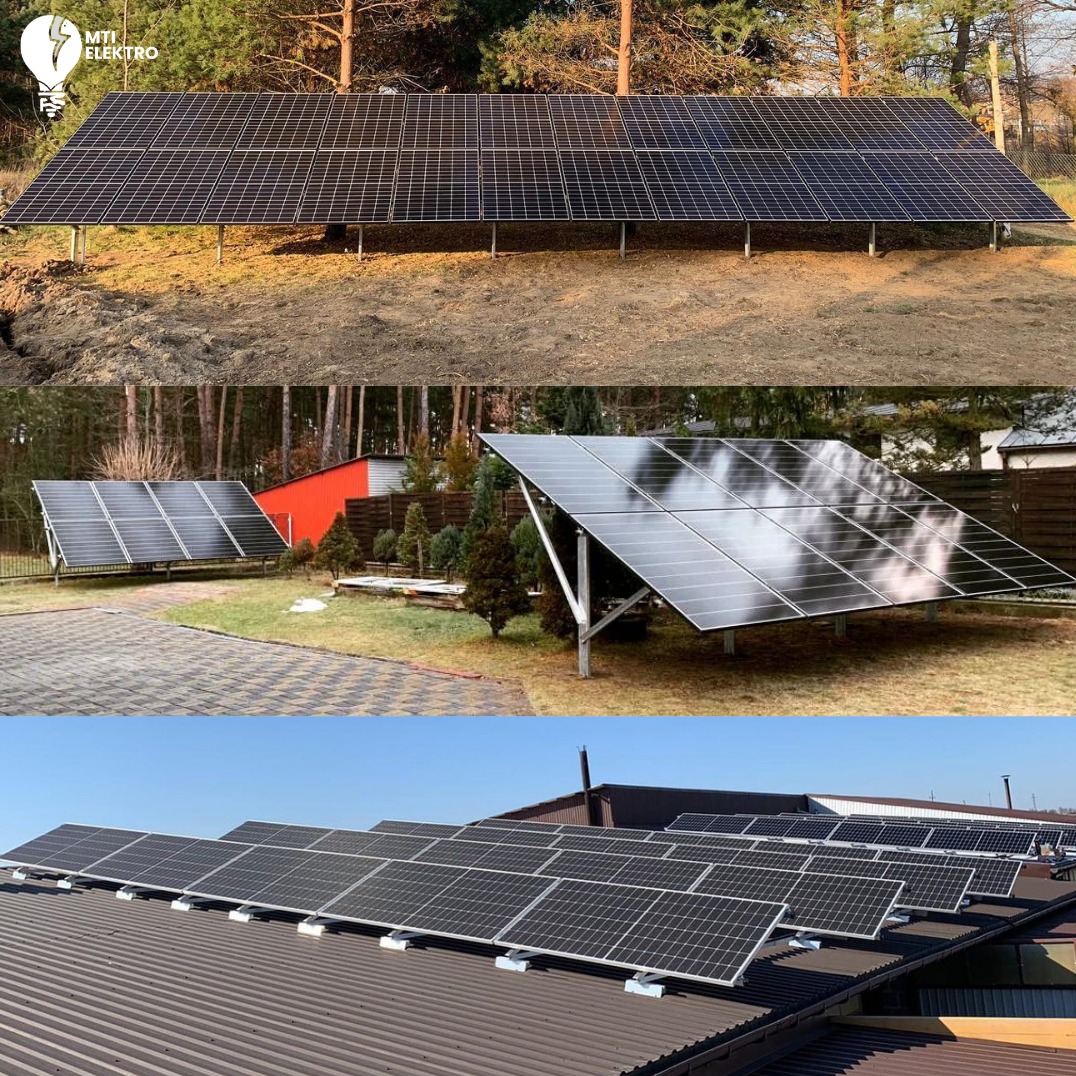 Kompozycja trzech ujęć: naziemna instalacja solarna na wzgórzu, panele w ogrodzie i instalacja fotowoltaiczna na metalowym dachu budynku.