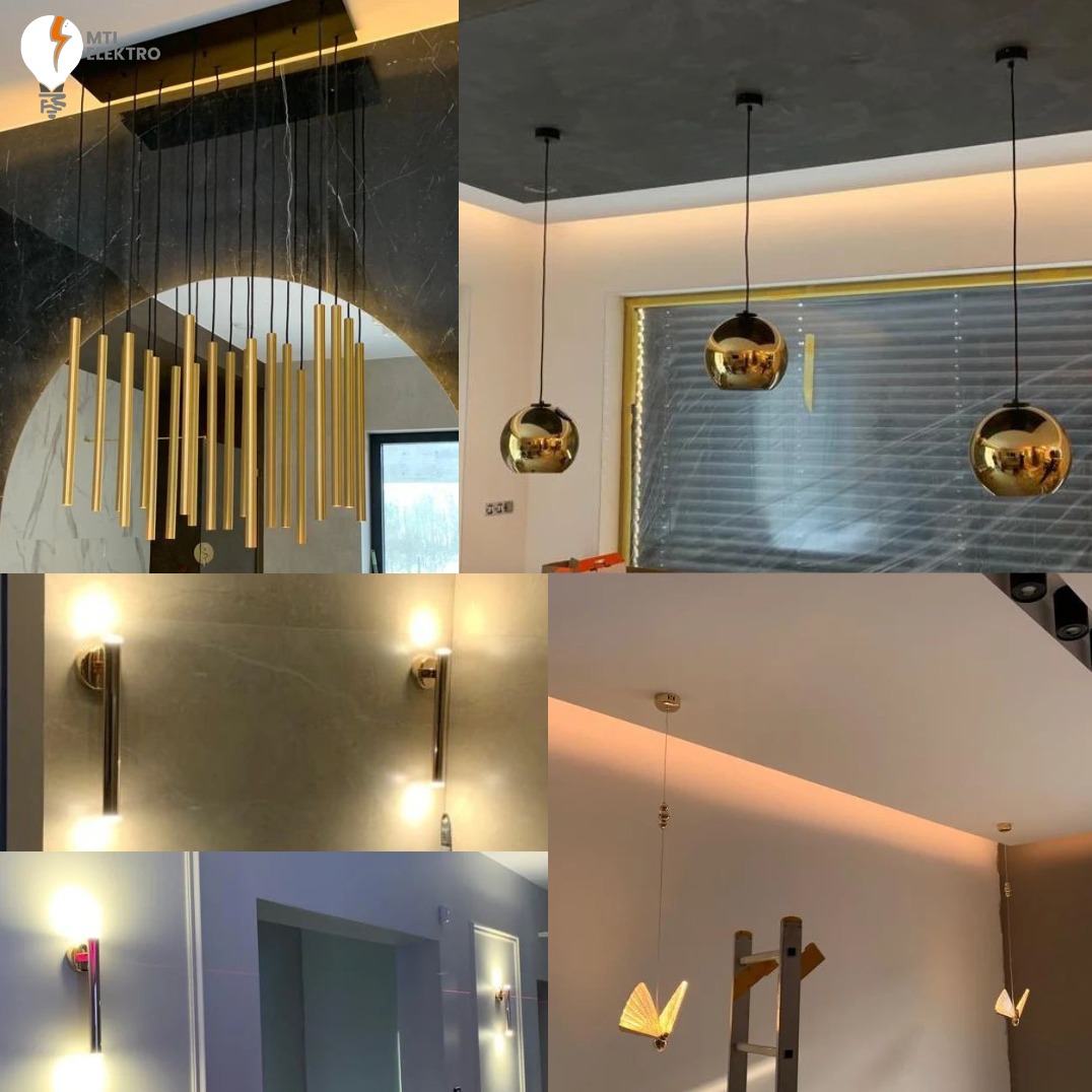Zestawienie zdjęć: złote lampy wiszące kuliste i tubowe w różnych wnętrzach, oświetlenie ścienne, nowoczesny design, ciepłe światło, aranżacja z elementami marmuru.