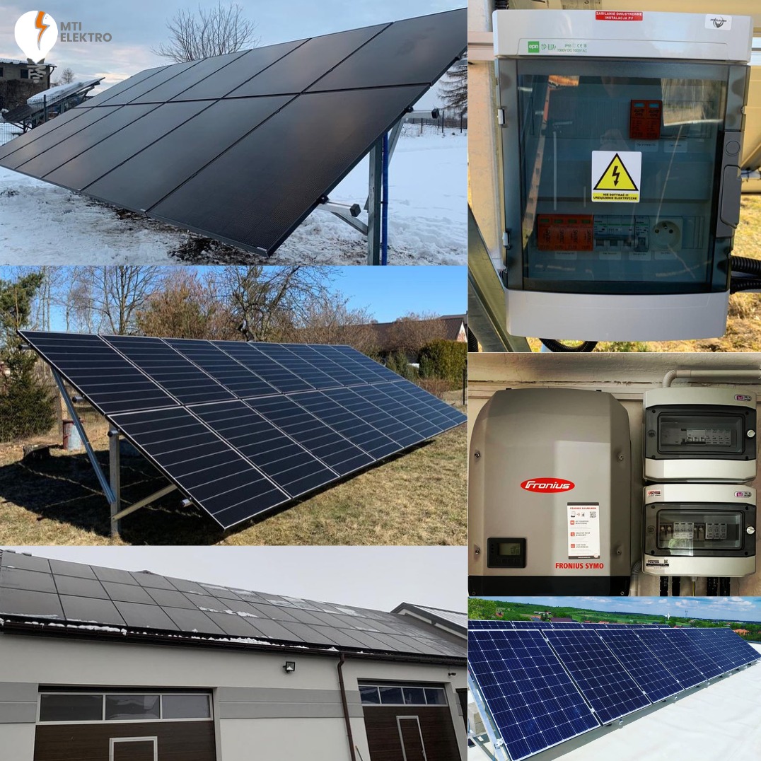 Montaż paneli fotowoltaicznych na gruncie i dachu budynku. Widoczne skrzynki elektryczne i inwerter Fronius. Różne ujęcia instalacji w słoneczny dzień i w zimowej scenerii.