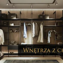 Przestronna garderoba z otwartym systemem szaf w kolorze czarnym, drewniane panele ścienne, oświetlenie punktowe sufitowe, duża ilość półek i wieszaków na ubrania, pudełka do przechowywania...