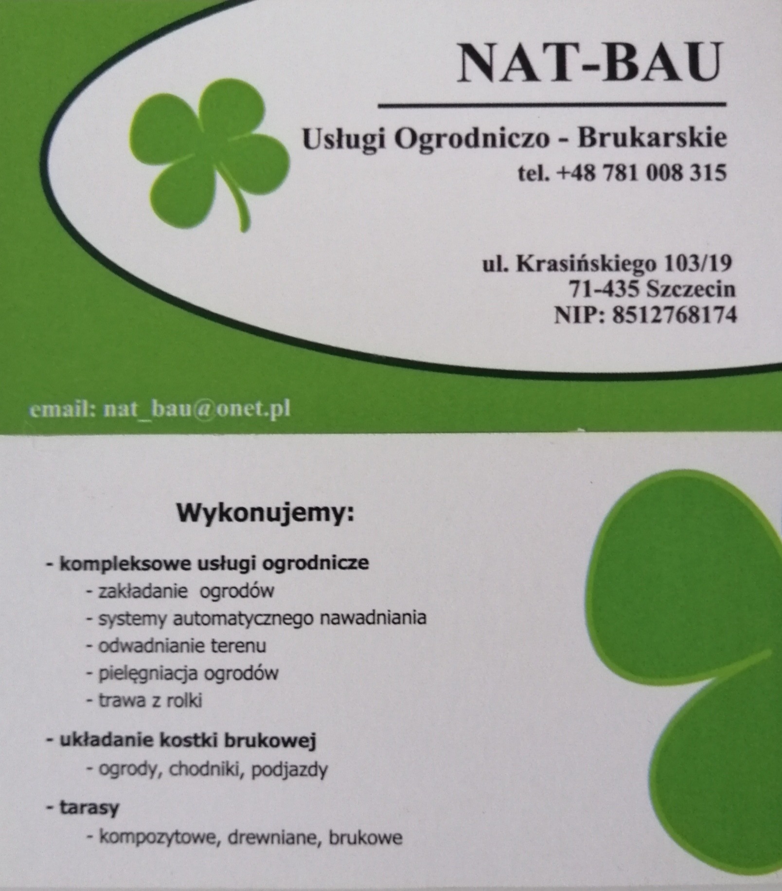 Wizytówka firmy NAT-BAU oferującej usługi ogrodnicze i brukarskie, z adresem, numerem telefonu i adresem e-mail.