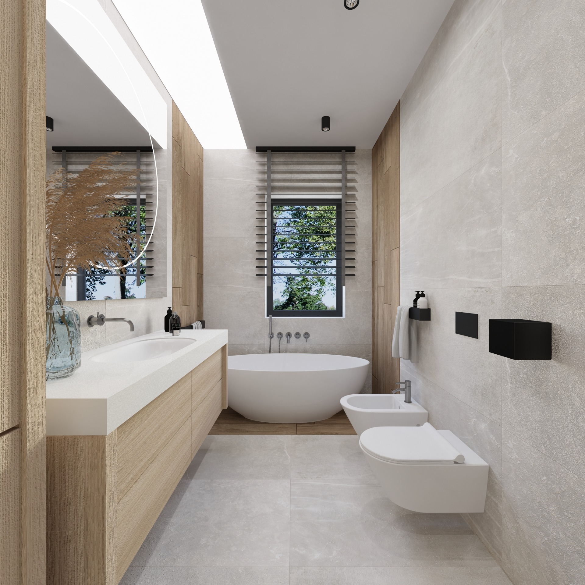 Jasna łazienka z drewnianymi akcentami: umywalka z lustrem, wanna przy oknie, toaleta i bidet. Minimalistyczny design z elementami dekoracyjnymi.