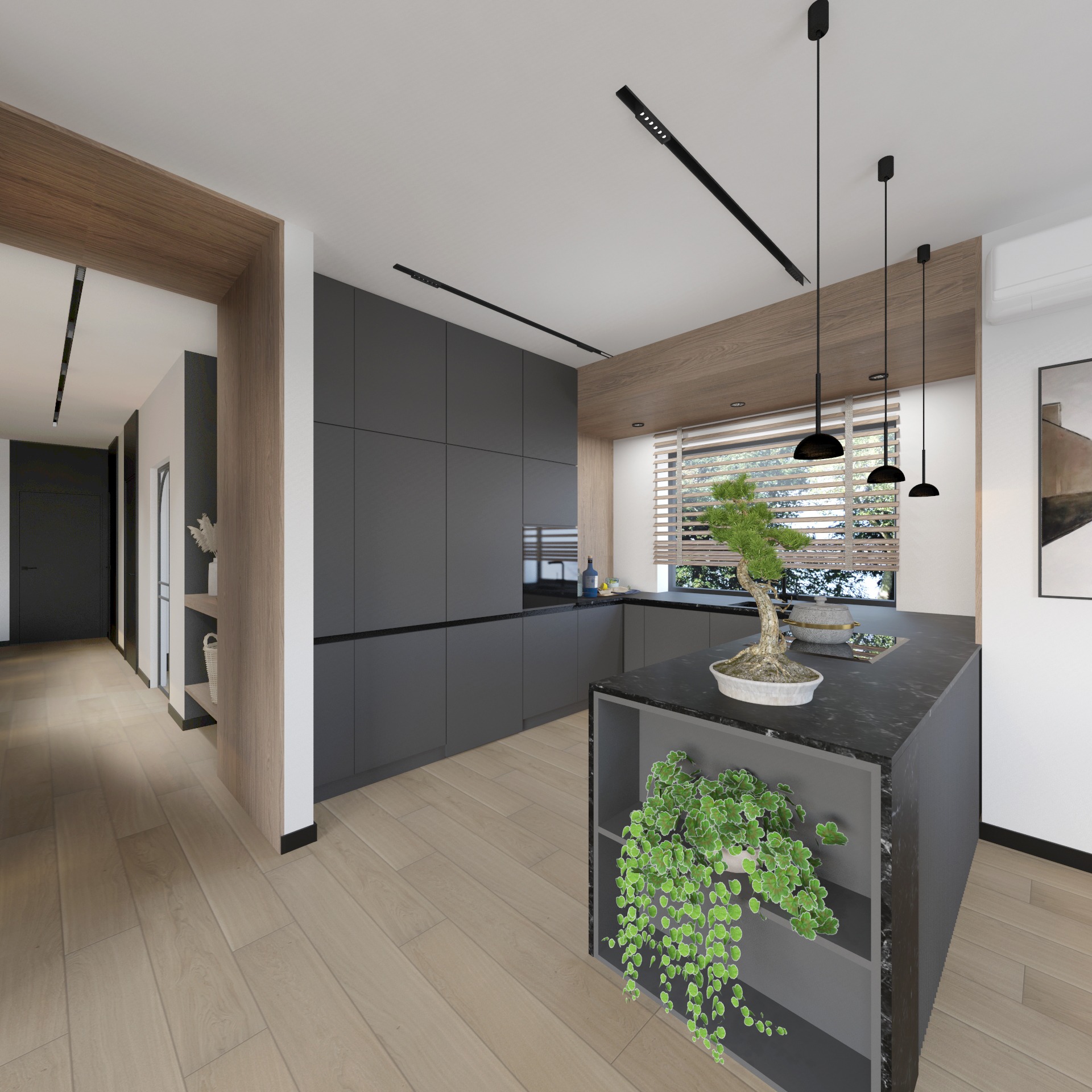 Nowoczesna kuchnia z wyspą, szare szafki, drewniane akcenty, oświetlenie punktowe i wiszące lampy. Na wyspie bonsai i roślina pnąca. Parkiet na podłodze.