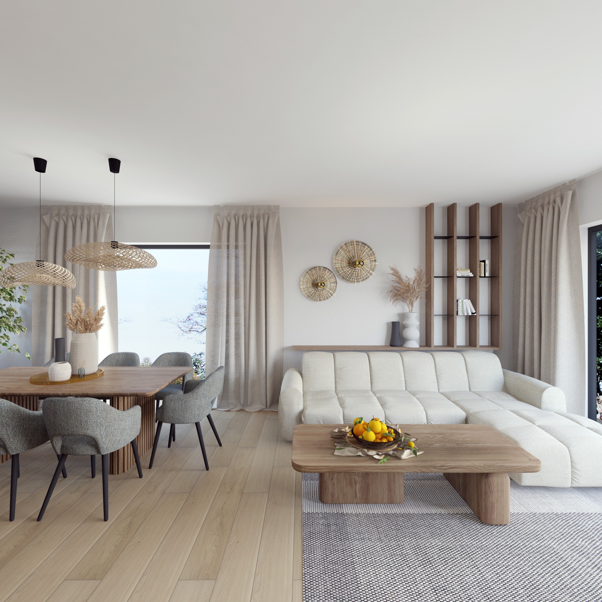 Jasne wnętrze: stół z szarymi krzesłami, kanapa z owocami na stoliku, drewniany regał i dekoracje ścienne w stylu boho. Naturalne światło wpada przez okna.