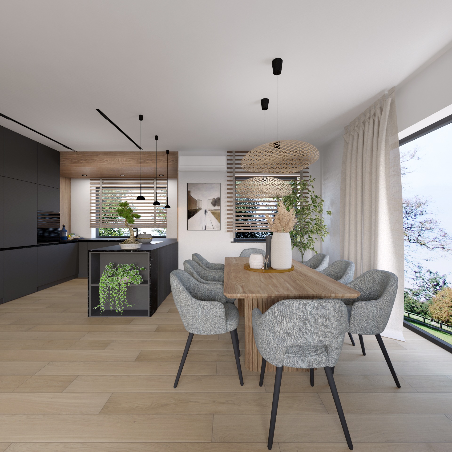 Nowoczesna aranżacja wnętrza: grafitowa kuchnia z wyspą, drewniany stół z szarymi krzesłami, plecione lampy i rośliny doniczkowe. Minimalistyczny design z dużym oknem.